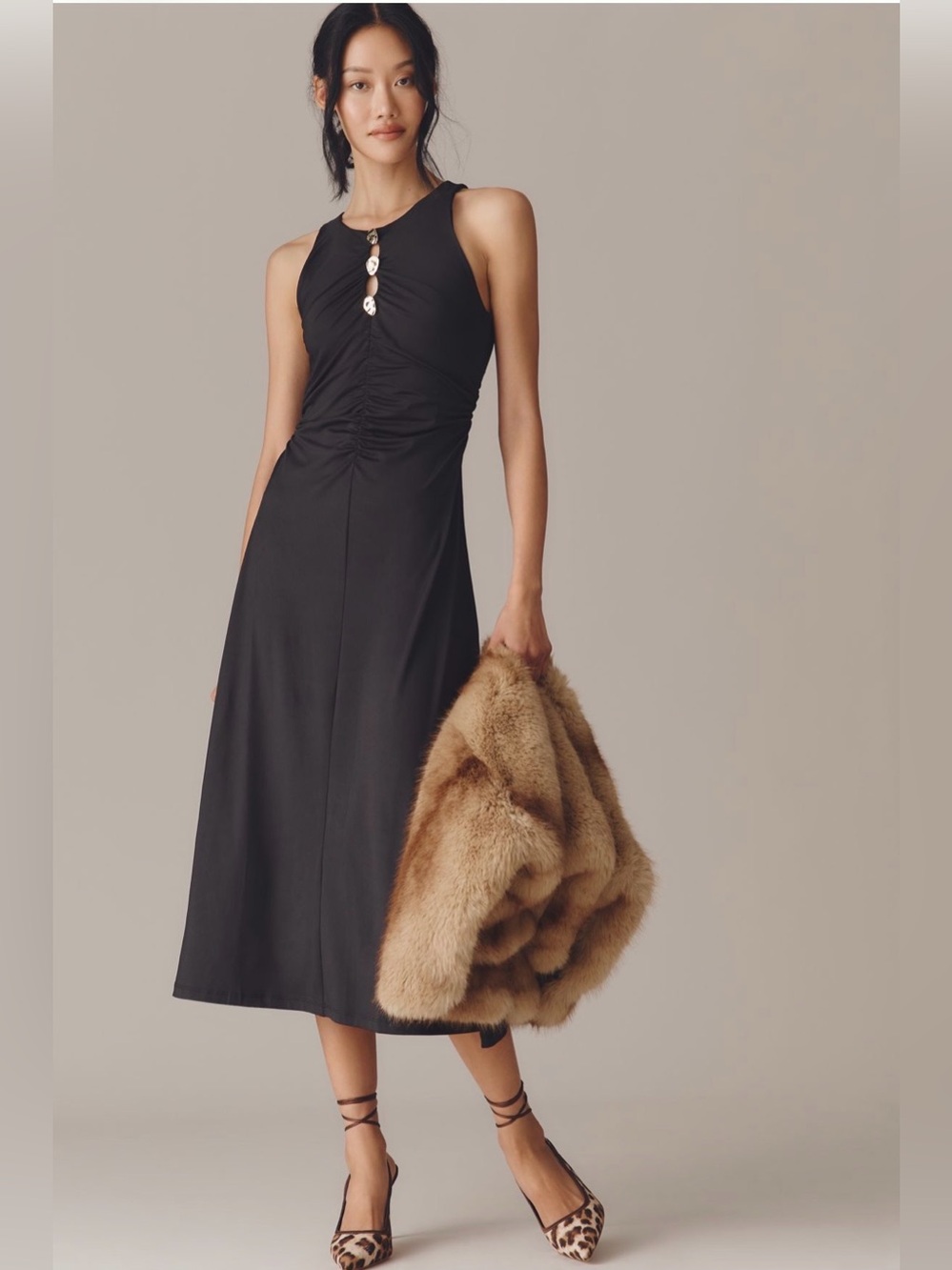 Anthropologie Sleeveless Hardware Ruched Midi Dress